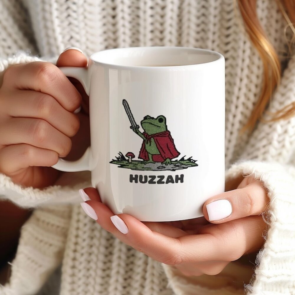 Huzzah Frog with Sword Mug, Medieval Frog Meme Coffee Mug, Whimsical Frog Mug 73